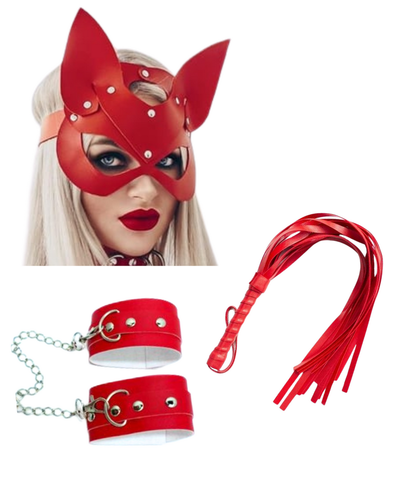 Moonette Fantezi Deri Seksi Kırmızı Kedi Maske Kelepçe Kırbaç Seti ( 3'lü set) TG275367