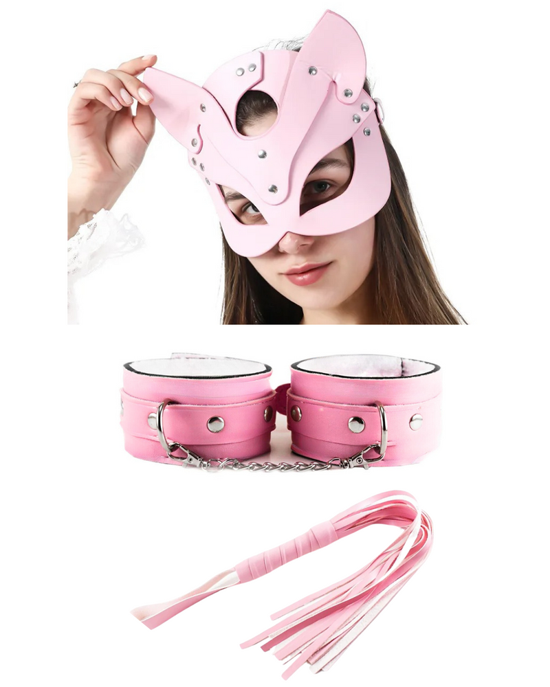 Moonette Fantezi Deri Seksi Pembe Kedi Maske Kelepçe Kırbaç Seti ( 3'lü set) TG275368