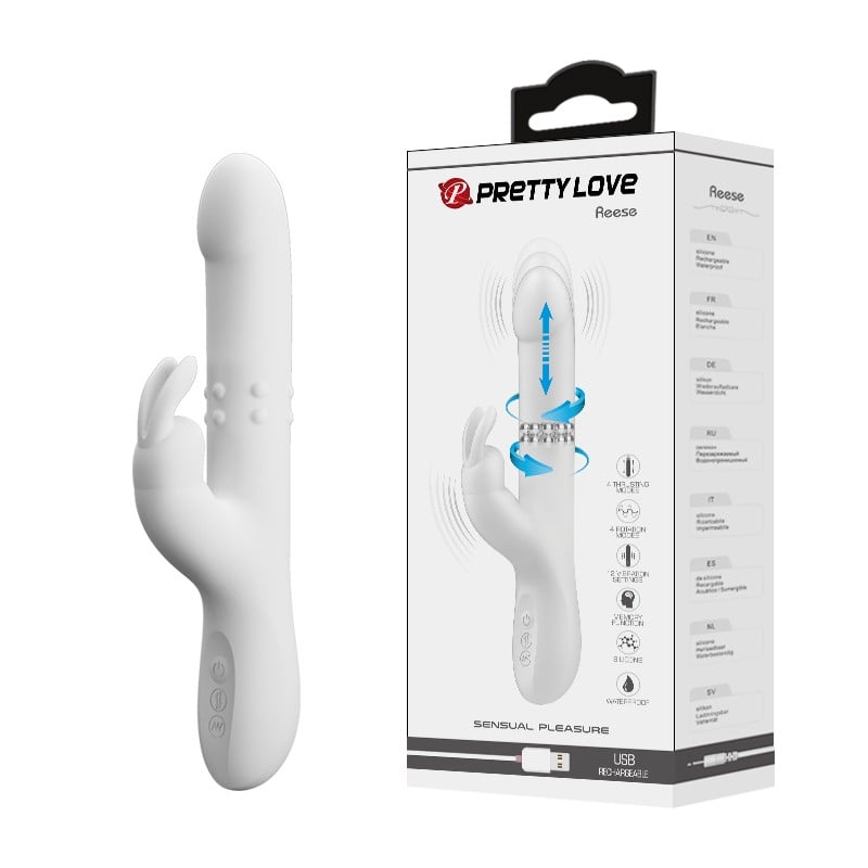 USB Şarjlı 12 Titreşim, 4 Rotasyon ve 4 İleri Geri Hareket Fonksiyonlu Beyaz Rabbit Vibratör - Reese