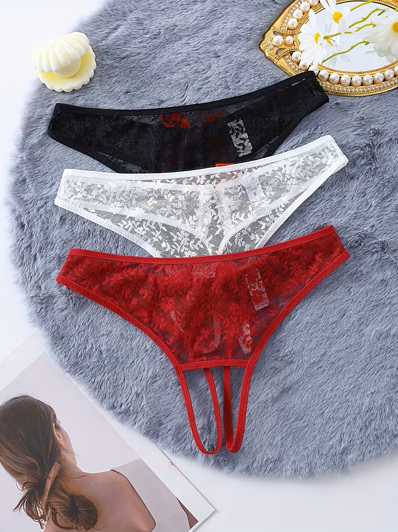 Kadın 3'lü Seksi Ağ Bölgesi Açık Dantelli Tanga Seti TG270055 | Moonette