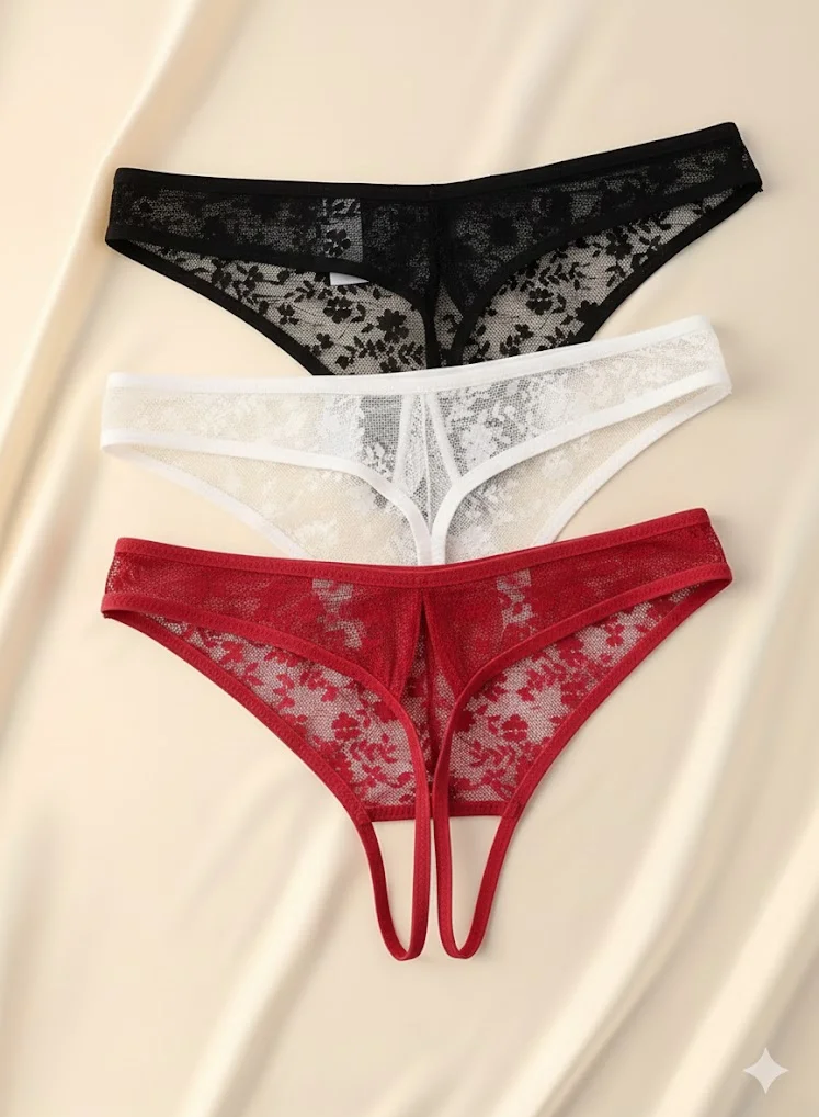 Kadın 3'lü Seksi Ağ Bölgesi Açık Dantelli Tanga Seti TG270055 Detay Görünümü | Moonette