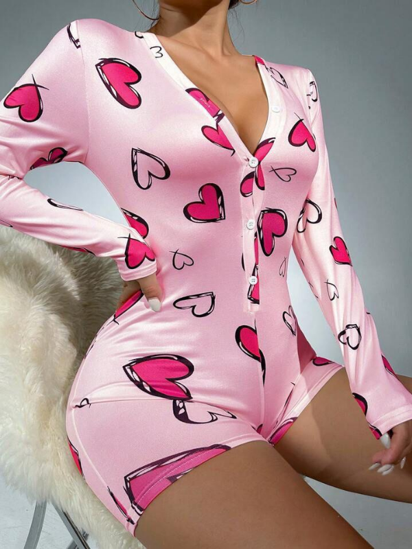 Pembe Kalp Desen Ev Giyim Pijama Tulum Düğmeli Gecelik