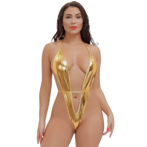 Moonette Büyük Beden Fantezi Altın Parlak Bodysouit TG2710135-B