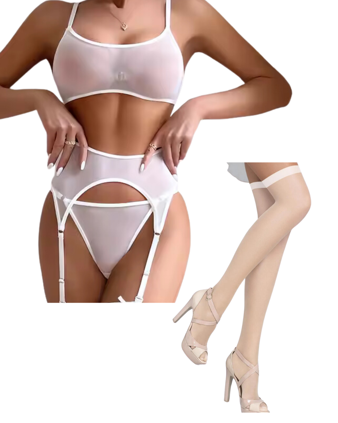 Fantezi Beyaz Transparan Tül Jartiyer Takımı TG273262 | Moonette