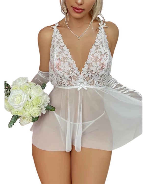 Fantezi Beyaz Dantelli Transparan Tül Etekli Seksi Elbise Gecelik TG273266 Detay Görünümü | Moonette