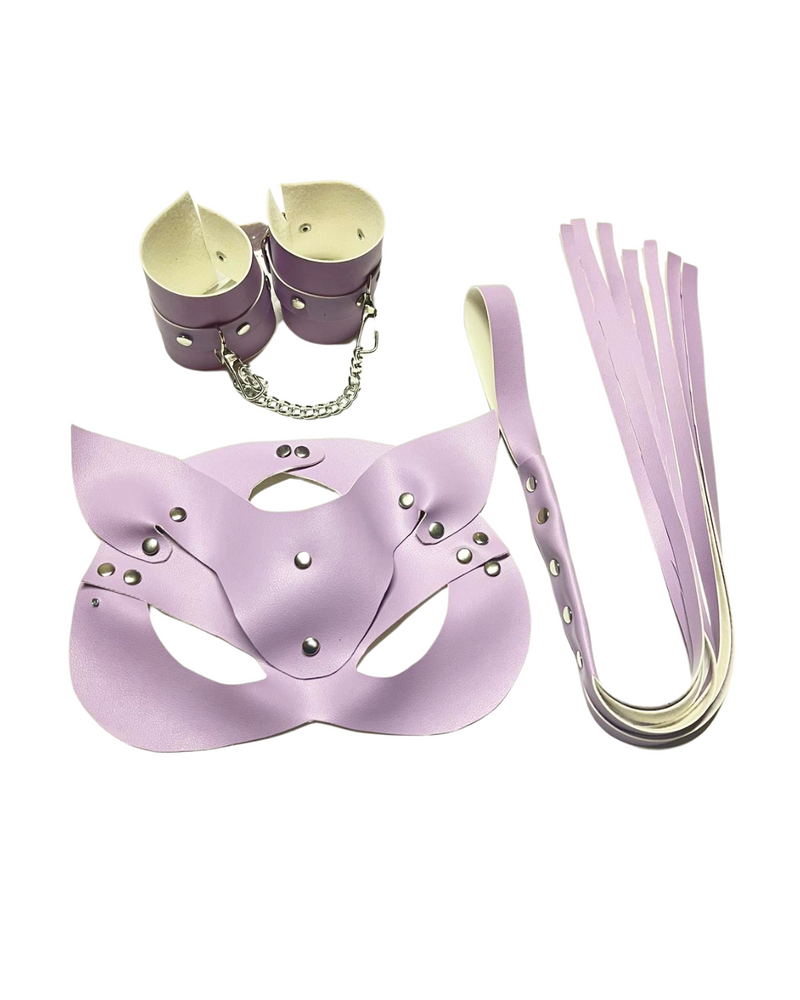 Moonette Fantezi Deri Seksi Lila Kedi Maske Kelepçe Kırbaç Seti ( 3’lü set) TG275370