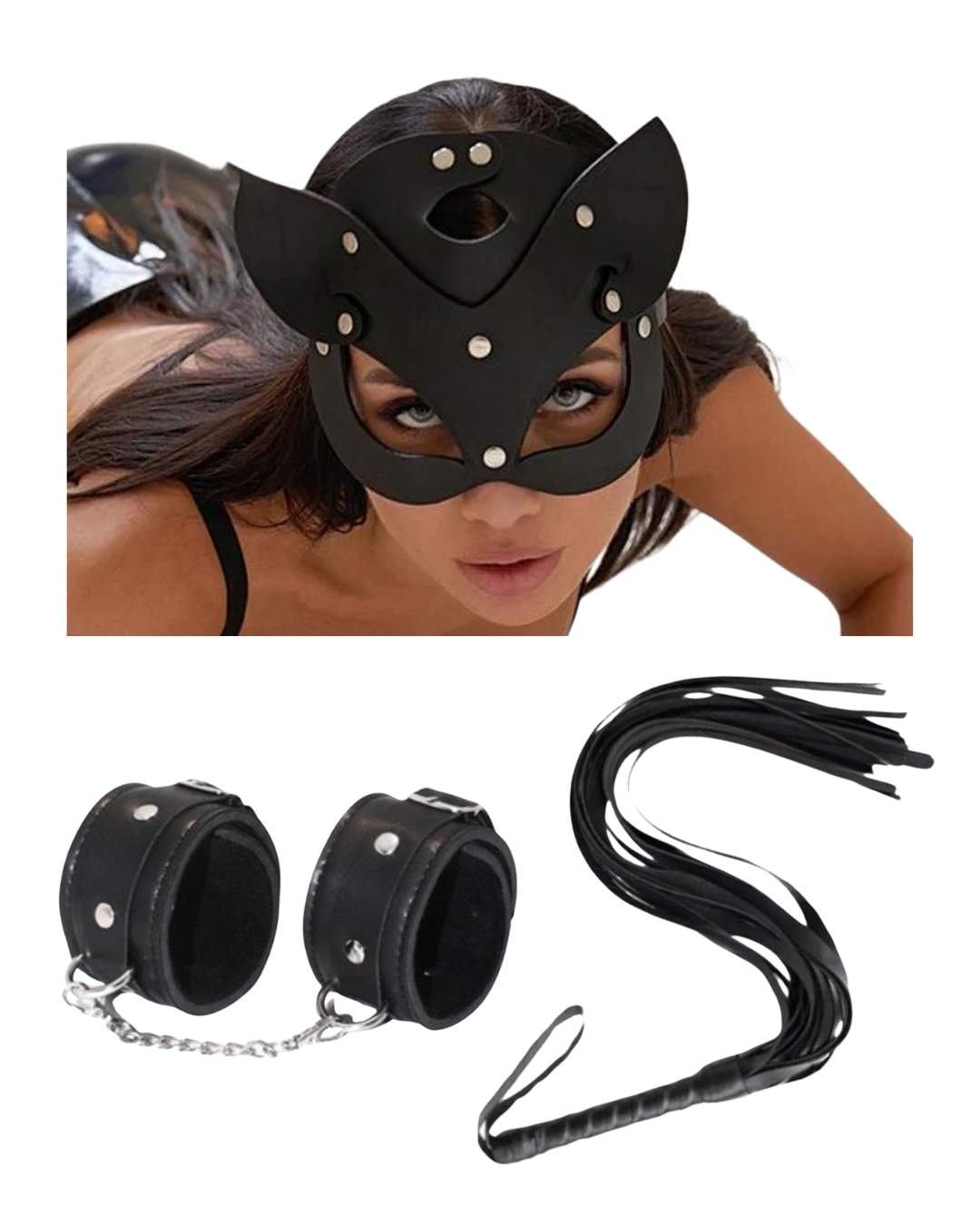 Fantezi Deri Seksi Siyah Kedi Maske Kelepçe Kırbaç Seti ( 3'lü set) TG275369 | Moonette