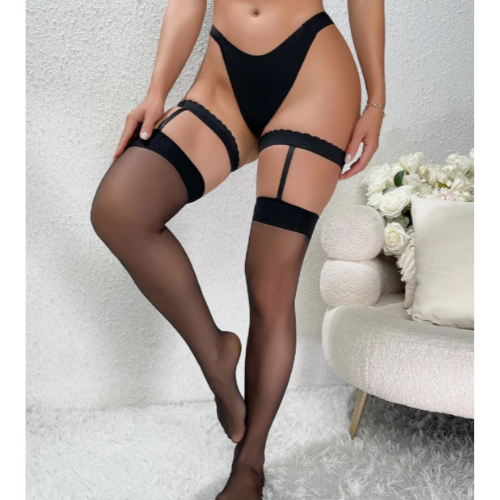 Fantezi Kadın Siyah Dantel Bacak Bantlı String Jartiyer Çorap Takımı TG270046 | Moonette