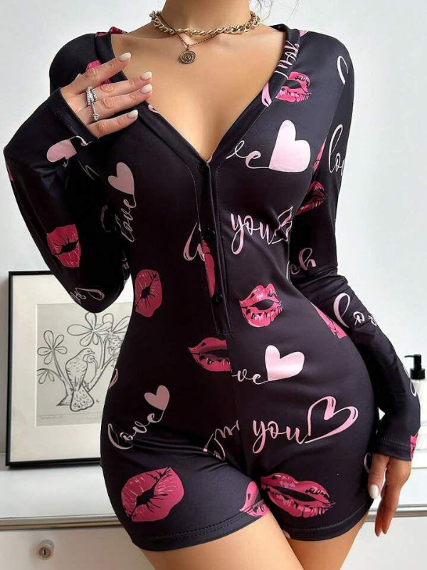 Siyah dudak baskılı pijama tulumu
