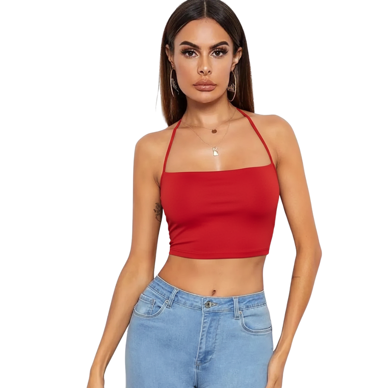 Kadın Sırtı Açık Kırmızı Belden Bağlamalı Crop Büstiyer TG275441-K Detay Görünümü | Moonette